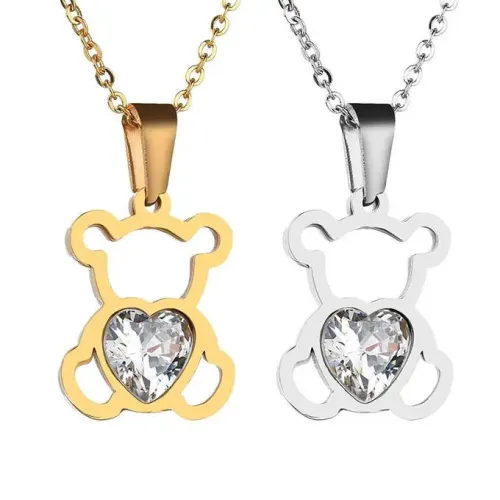 NTM3847 Cute Hollow Large Heart Zirconia Teddy Bear Pendant Stainless Steel Necklace for Women