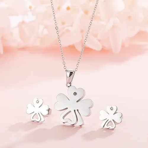 NTM2647 Stainless Steel Hollow Clover Necklace Earrings Set Elegant Jewelry Combo
