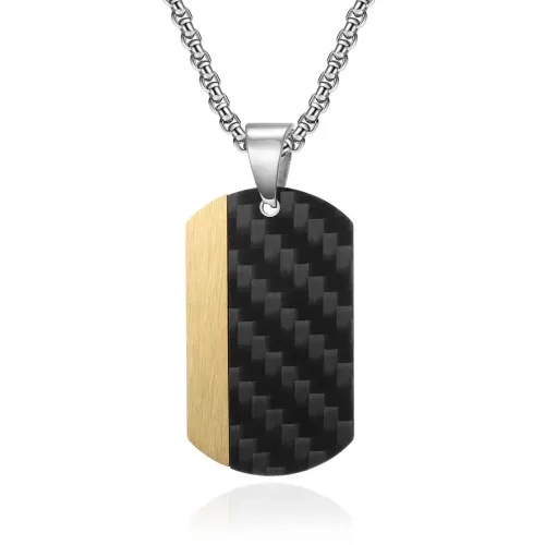 NTM1136 Men's Stainless Steel Dog Tag Pendant Forged Diagonal Pattern with Solid Carbon Fiber Necklace