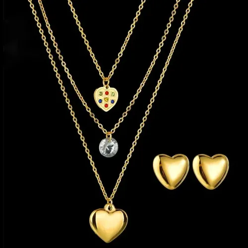 NTM3371 Peach Heart Rhinestone Necklace Earrings Set Stainless Steel Jewelry Trio