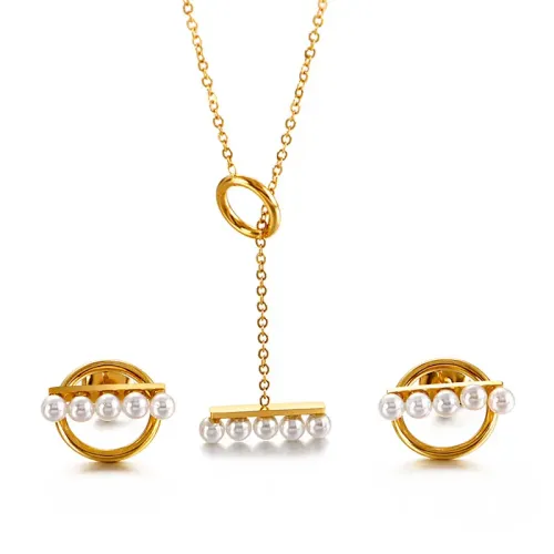 NTM2968 Elegant Stainless Steel Plated Pearl Necklace Earring Set for Women