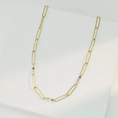 NTM3494 Women's 14K Gold Long O Link Rice Bead Chain Necklace Elegant Jewelry