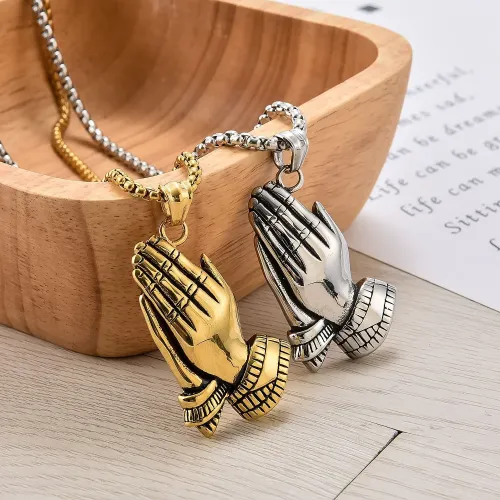 NTM2345 Golden Buddha Hand Prayer Pendant Men's Stainless Steel Necklace Charm