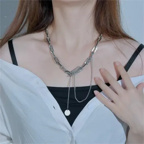 NTM3490 Hip Hop Multi Layered Clavicle Chain with Diamond Link Round Tag Necklace