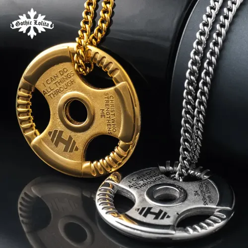 NTM3284 Dumbbell Hip Hop Necklace for Men Stainless Steel Fitness Pendant, Long Sweater Chain