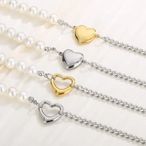 NTM3043 Two Tone Pearl Heart Cuban Link Stainless Steel Women's Necklace