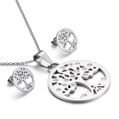 NTM2988 Sparkling Diamond Tree of Life Earrings Necklace Set Plant Inspired Jewelry