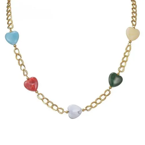 NTM3533 Women's Gold Stainless Steel Colorful Beaded Necklace Heart Pendant Sweater Chain