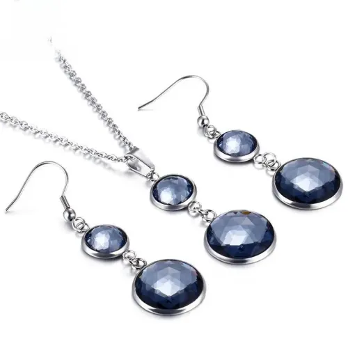 NTM2971 Multicolor Crystal Glass Round Stainless Steel Earrings Necklace Set for Women