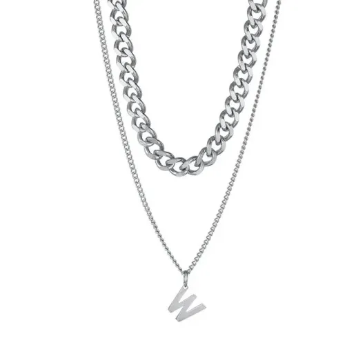 NTM3863 Women's Stainless Steel Double Layered Cuban Chain with Letter W Pendant Necklace