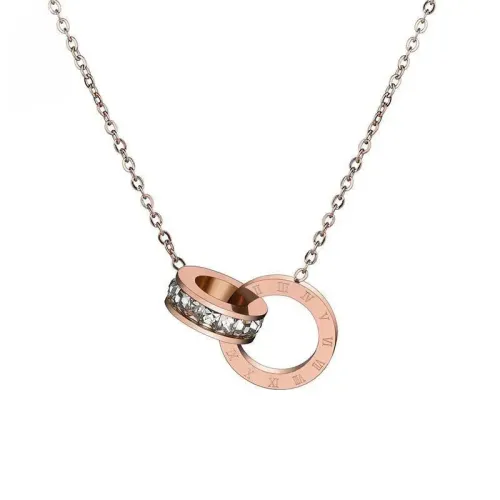 NTM3621 Rose Gold Square Diamond Roman Numeral Double Ring Necklace Stainless Steel Clavicle Chain