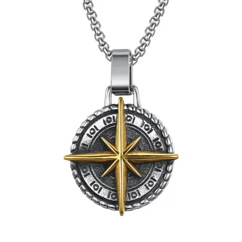 NTM1881 Compass Pendant Necklace Punk Men's Stainless Steel Navigator Charm