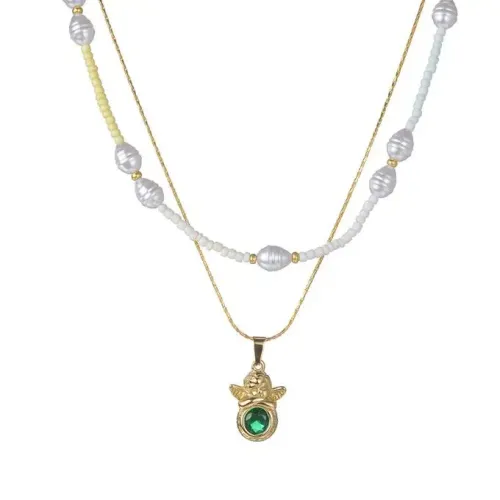 NTM3386 Baroque Pearl Necklace with 18K Gold Plated Emerald Pendant Double Layered Sweater Chain