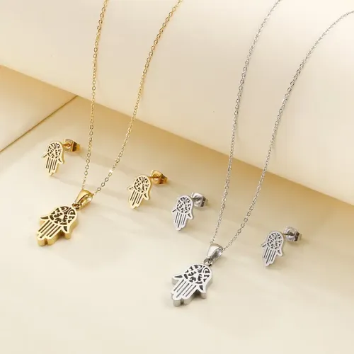 NTM2517 Hamsa Hand Stainless Steel Pendant Fatima's Hand Necklace and Earrings Set Spiritual Jewelry
