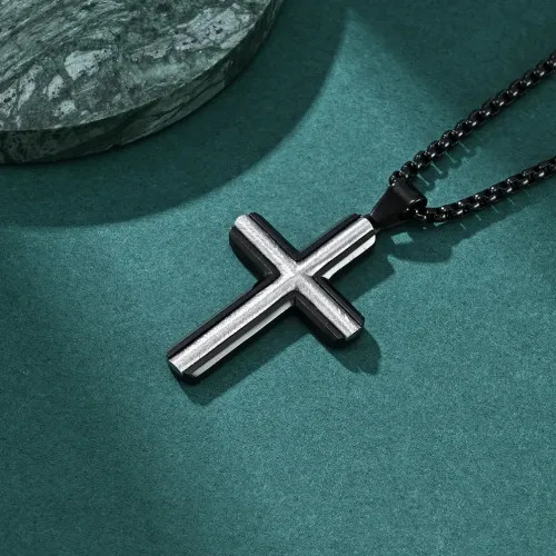 NTM1189 Men's Beveled Two Tone Matte Brushed Stainless Steel Cross Necklace Pendant