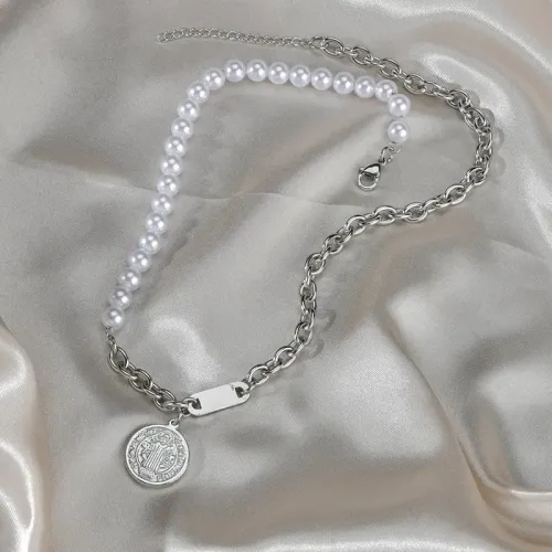 NTM3628 Celi Asymmetrical Stainless Steel Clavicle Chain with Punk Round Pendant Necklace