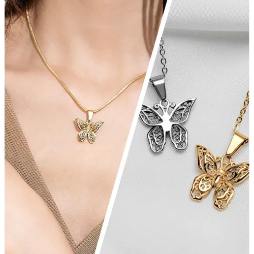 NTM3142 Stainless Steel Hollow Butterfly Pendant Necklace Women's Clavicle Sweater Chain