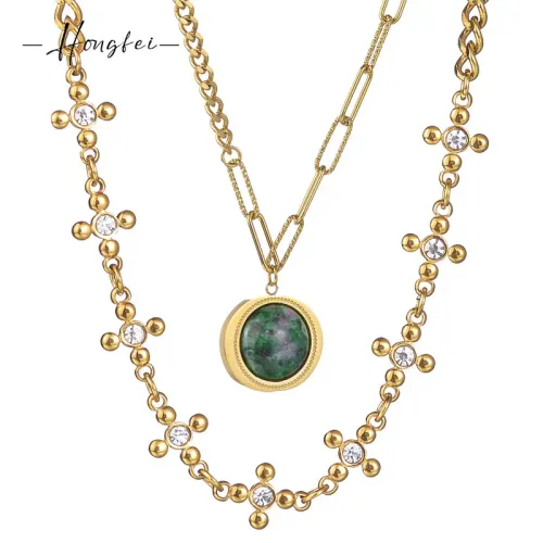 NTM3333 Layered Stainless Steel Necklace for Women with Emerald Natural Stone Pendant