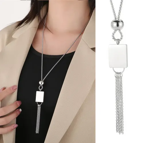 NTM2927 Square Bead Long Necklace with 18K Real Gold Chain, Stainless Steel Jewelry