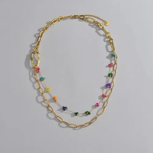 NTM3400 14K Gold Multi Colored Gemstone Double Layered Necklace Stainless Steel Jewelry