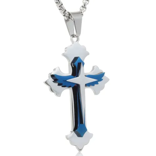 NTM2305 Winged Cross Pendant Unisex Two Tone Stainless Steel Cross Necklace Jewelry