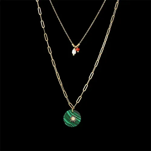 NTM3338 14K Gold Green Disc Gear Pendant Stainless Steel Long O Chain for Women Layering Necklace