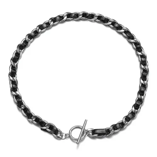 NTM3820 Black Braided Leather Cord NK Chain with OT Clasp, Women's Collar Necklace Jewelry