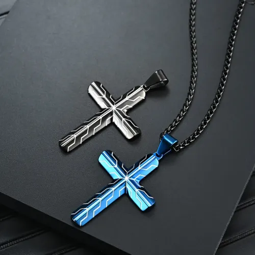 NTM1179 Stainless Steel Cross Pendant with Tire Design Men's Hip Hop Style Dog Tag Necklace
