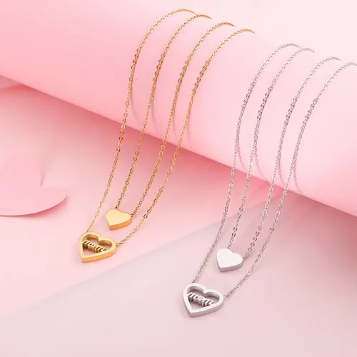 NTM2759 18K Gold Double Layered Peach Heart Necklace for Women Stainless Steel Clavicle Chain