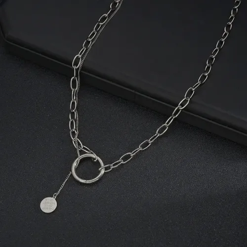 NTM3709 Hip Hop Women's Stainless Steel Geometric Circle Pendant Thick Chain Necklace