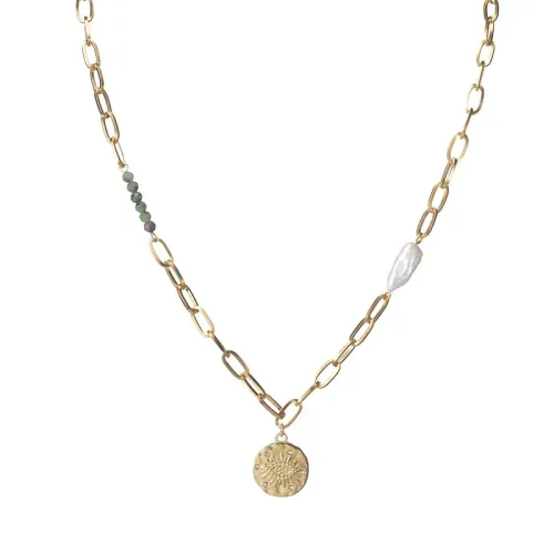 NTM3387 14K Gold Plated Beaded Baroque Pearl Necklace Zirconia Round Pendant Women