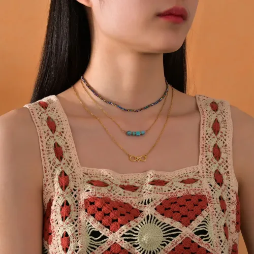 NTM3560 Colorful Beaded Turquoise Crystal Heart Infinity Pendant Necklace for Women Stainless Steel Jewelry
