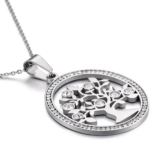 NTM3057 Circle Hoop Diamond Cubic Zirconia Necklace Earrings Set Stainless Steel Tree Motif Jewelry Kit