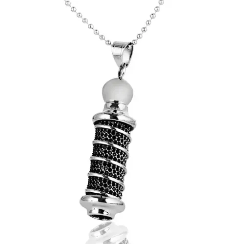 NTM2124 Diamond Studded Column Pendant Unisex Stainless Steel Necklace with Black Diamonds