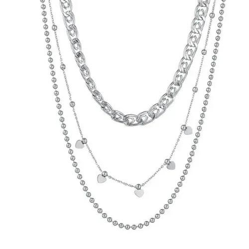 NTM3522 Triple Layer Beaded Heart Pendant Necklace Women Stainless Steel