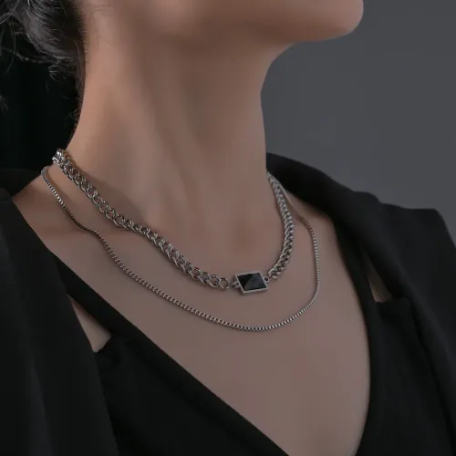 NTM1327 Double Layer Stainless Steel Necklace for Women Hip Hop Clavicle Chain with Ethereal Charm