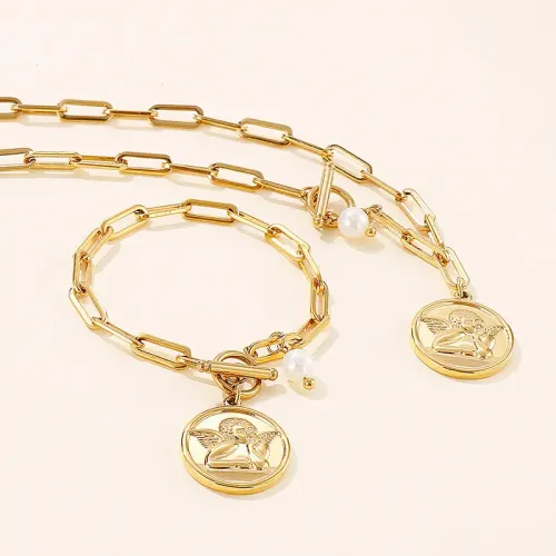 NTM3095 Angel Coin Paperclip Chain Necklace and Bracelet Set Stainless Steel Jewelry for Women