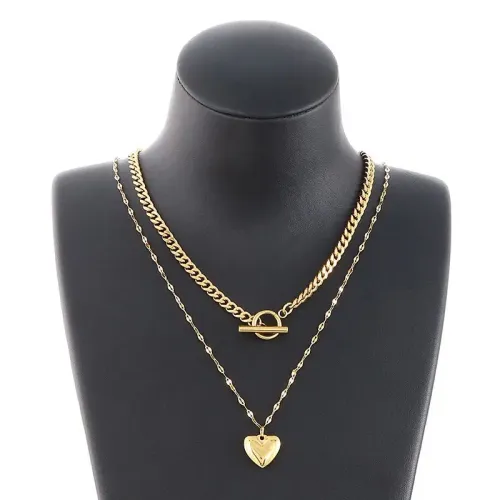 NTM2936 Double Layered Chunky Chain with Heart Pendant Stainless Steel Necklace
