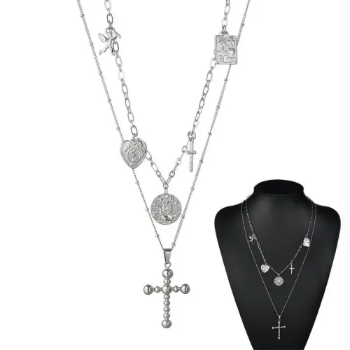 NTM3378 Long Double Layered Heart Bead Cross Necklace Stainless Steel Hip Hop Poker Angel Sweater Chain for Couples