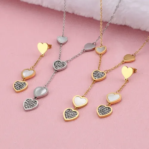 NTM2959 Diamond Studded Heart Stainless Steel Necklace Freshwater Shell Earrings Set for Women