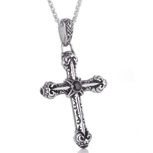 NTM2218 Engraved Cross Pendant with Gemstone Punk Stainless Steel Large Tag Necklace