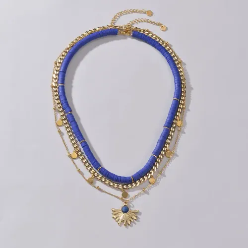 NTM3518 14K Gold Stainless Steel Sunflower Blue Stone Layering Necklace for Women OL Sweater Chain