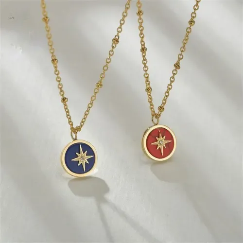 NTM3594 14K Gold Zirconia Star Stainless Steel Compass Pendant Necklace Nautical Jewelry