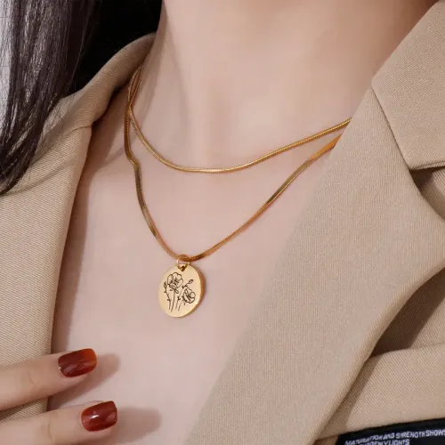 NTM2734 Stainless Steel Round Flower of the Month Razor Blade Double Layered Necklace Festive Gift