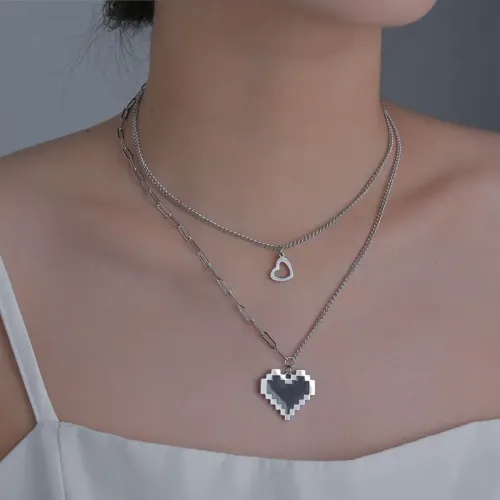 NTM3566 New Double Layered Heart Necklace with Enamel Black Pendant Hip Hop Clavicle Chain Jewelry
