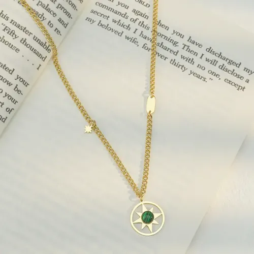NTM3406 Bohemian Green Zirconia Hollow Circle Necklace in Stainless Steel 14K Gold Women's Sweater Chain