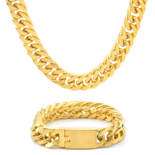 NTM3210 Stainless Steel Double Cuban Link Chain Set Necklace Bracelet Jewelry