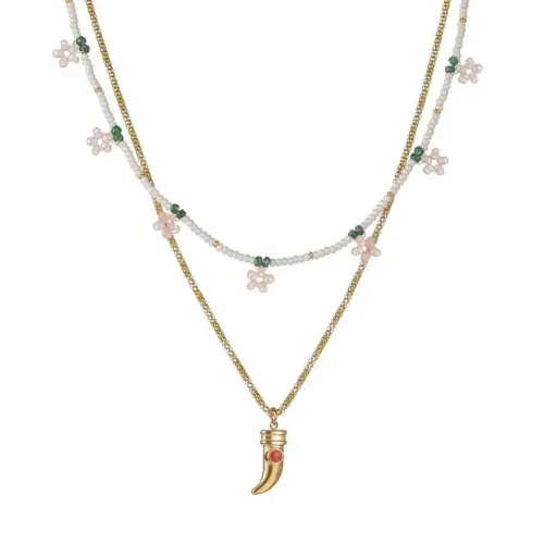 NTM3433 18K Gold Plated Stainless Steel Ruby Tooth Baroque Pearl Necklace Women Layered