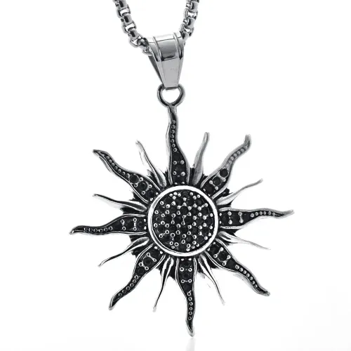 NTM1342 Sun Pendant with Black Diamonds Stainless Steel Solar Necklace for Radiant Elegance