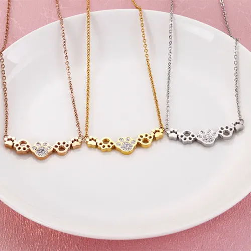 NTM2764 Stainless Steel Diamond Cat Paw Pendant Necklace for Women Chic Pet Lover Jewelry